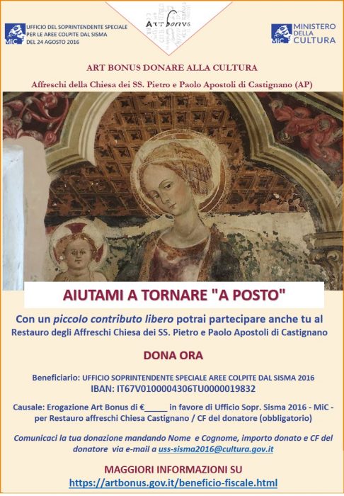 Chiamata alle arti raccolta Art Bonus restauro affreschi Chiesa santi Pietro e Paolo Apostoli Castignano